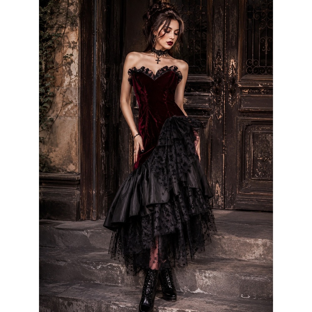 Loralie VTG Velvet Lace Tulle Gothic Dress Strapless Burgundy Black **see desc**